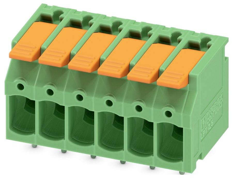 A green terminal block with six orange lever connectors for securing wires, used in electrical or electronic applications.