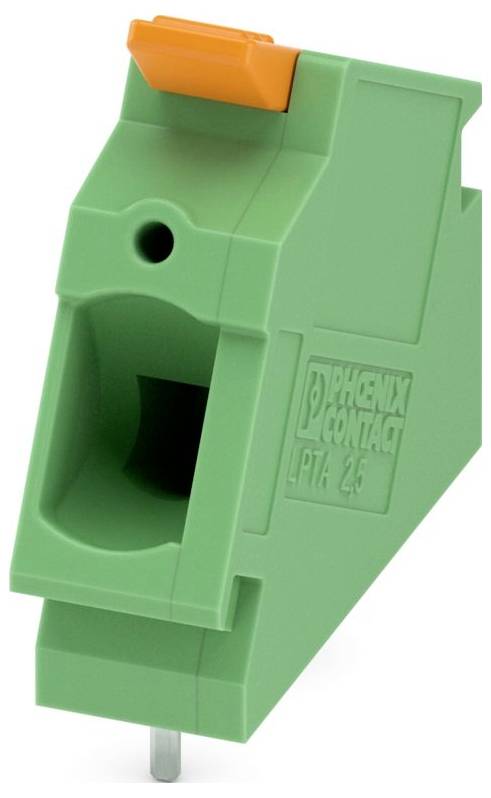 Green Phoenix Contact LPTA 2.5 terminal block with an orange lever on top, used for electrical connections.