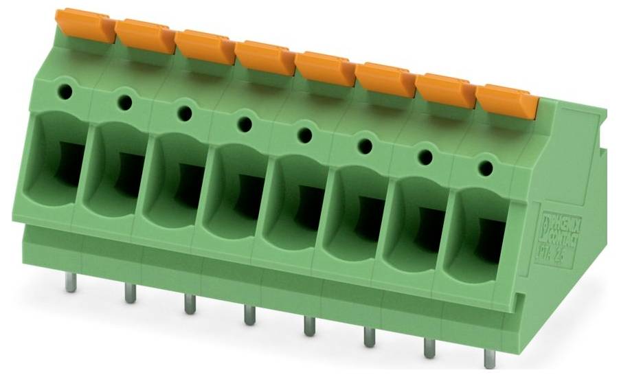 A green terminal block with six slots and orange levers for wiring connections, used in electronic or electrical applications.