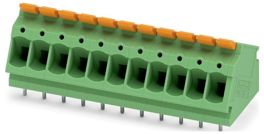 A green terminal block with multiple orange levers, used for securing wire connections in electrical applications.