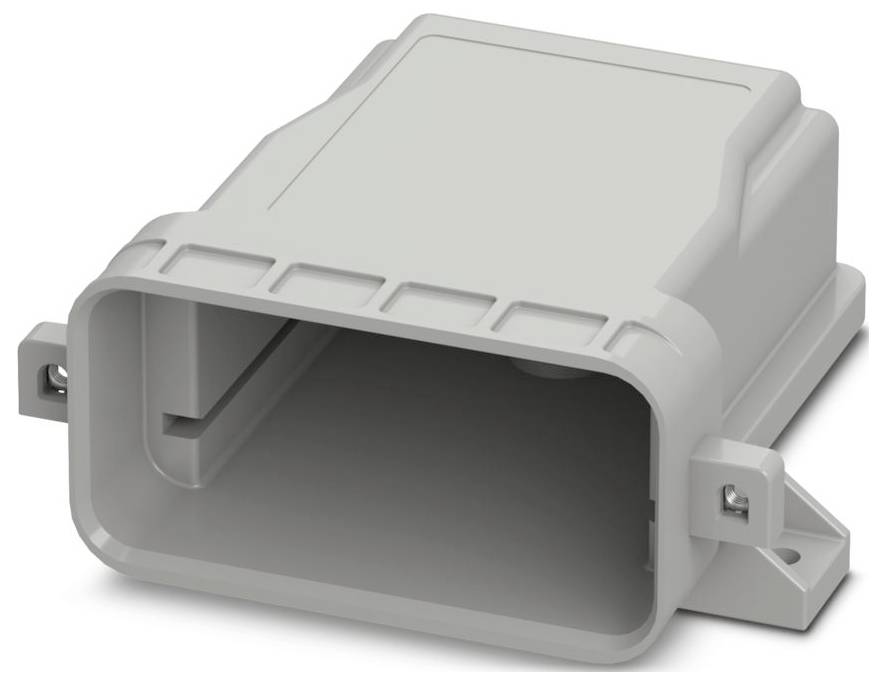 A gray, rectangular plastic enclosure with an open cavity on one side, featuring mounting flanges on the sides for installation.