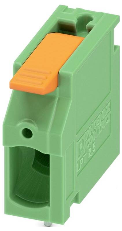 A green terminal block with an orange lever, used for securing electrical connections, featuring the model number 'PT 2,5'.