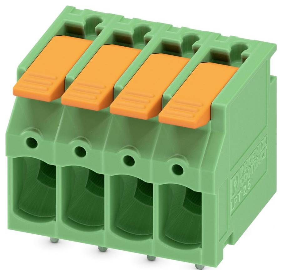 A green 4-pin terminal block with orange levers, used for connecting electrical wires securely in electronic devices or panels.
