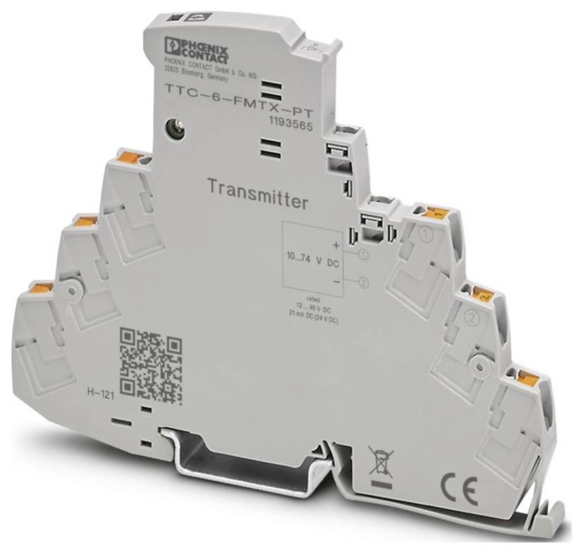 A trapezoidal Phoenix Contact TTC-6-FM-TX-PT transmitter with orange clips, displaying input/output details, and various compliance markings.