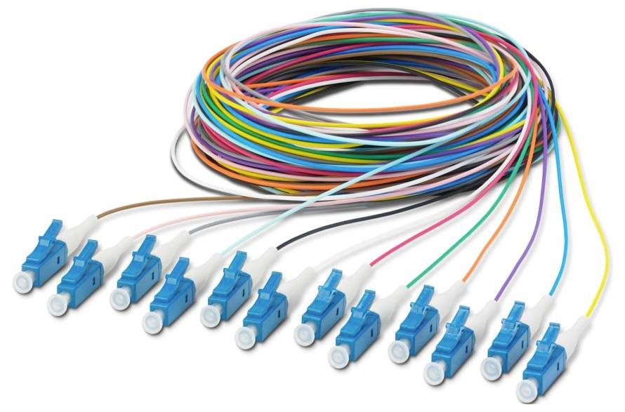 A bundle of colored optical fiber cables, each terminating in a blue connector. The cables are coiled neatly in a loop.
