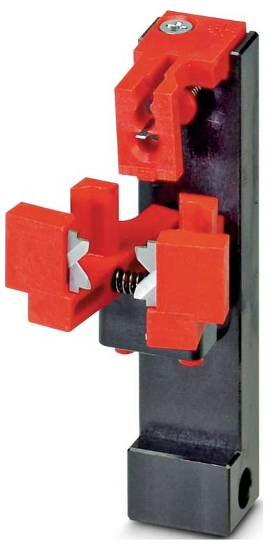 A red and black mechanical tool part, featuring metal spring components and a top screw, used for clamping or securing objects in place.