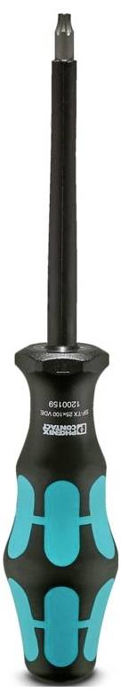 A black and turquoise screwdriver with a Torx head, featuring a textured ergonomic grip for comfortable handling.