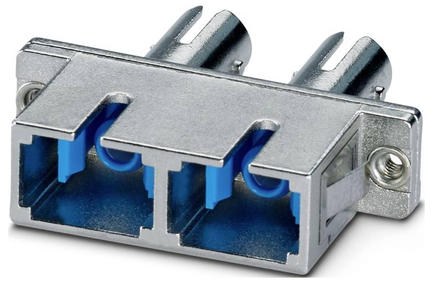 A dual optical fiber coupler with a metallic casing and two blue ports, allowing connection of fiber optic cables for data transmission.