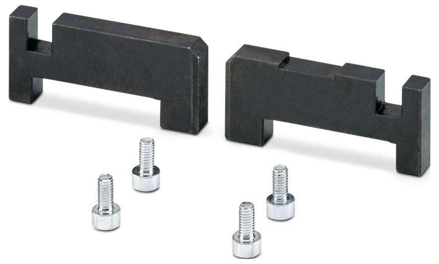 Two black metal clamp pieces and four silver bolts on a white background, used for securing mechanical parts together.