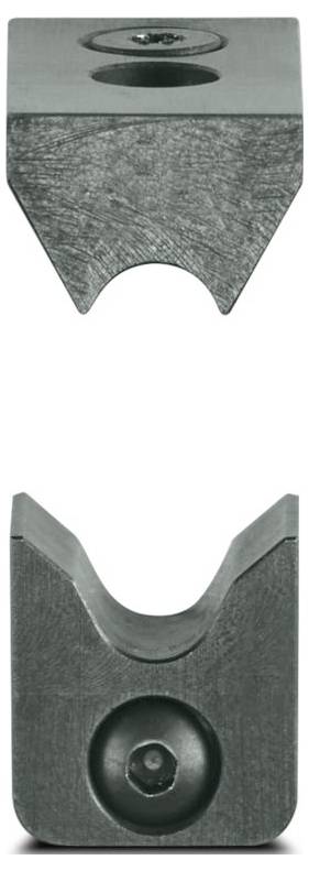 'V-block clamp holding mechanism' consisting of two gray metal blocks, one with a V-shaped cutout. Used for securing cylindrical objects.