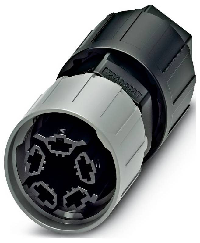 A close-up of an industrial circular connector with a multi-pin configuration, featuring a black and gray casing.