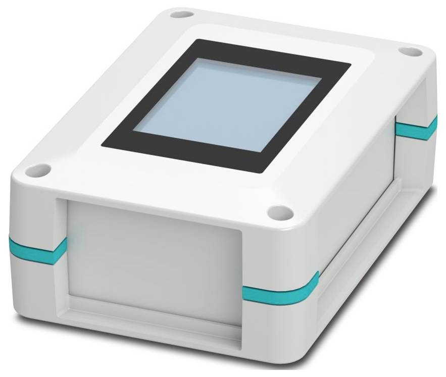 A white electronic enclosure with a blue square screen on top, designed for housing and protecting electronic components.
