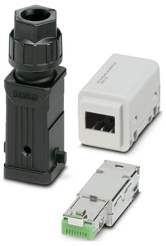 A black industrial connector, a gray rectangular connector, and a metallic connector module with a green end, used for electronic applications.