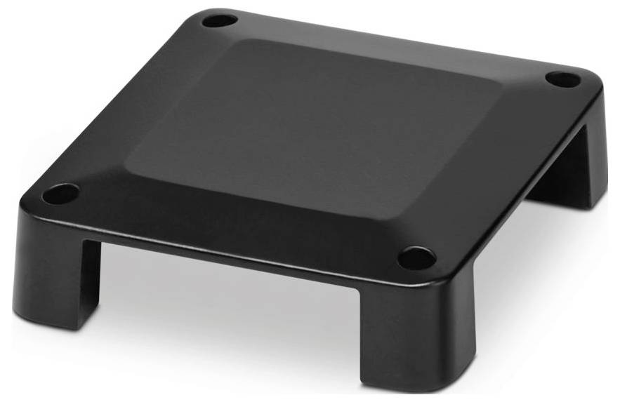 A small, black, plastic stand with four short legs and rounded corners. Suitable for supporting devices or household items.