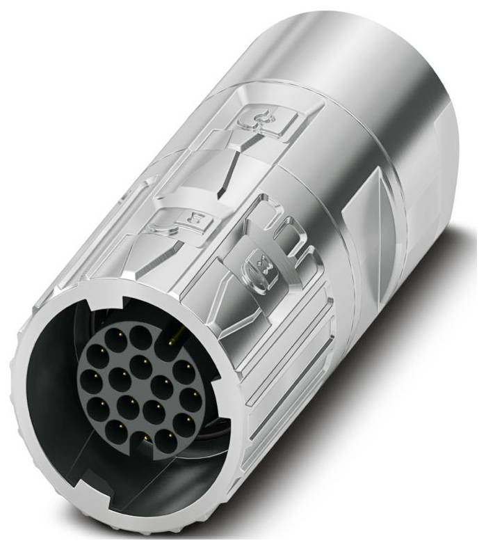 Un connecteur de prise cylindrique métallique avec plusieurs petites broches circulaires disposées selon un motif circulaire à l'extrémité, utilisé pour les connexions électriques.