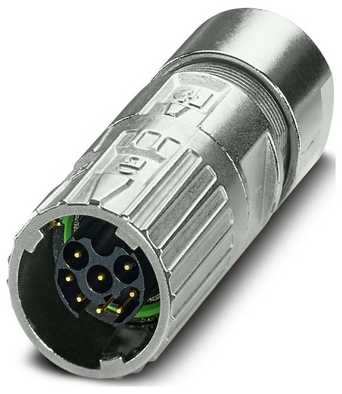 Un connecteur circulaire métallique avec cinq broches dorées est présenté, conçu pour des applications électriques, mettant en évidence sa construction robuste.