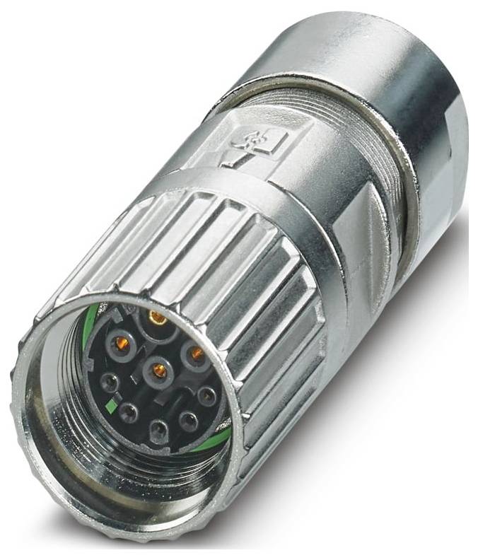 Un connecteur cylindrique métallique avec plusieurs broches dorées, utilisé pour les applications électriques.