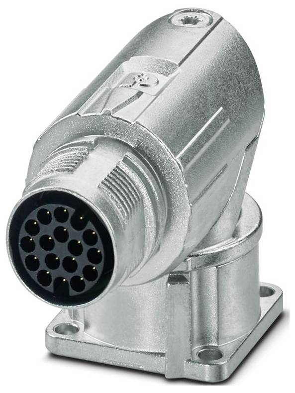 Un connecteur industriel métallique avec un corps cylindrique et plusieurs douilles de broches, conçu pour des connexions électriques sécurisées dans les machines.