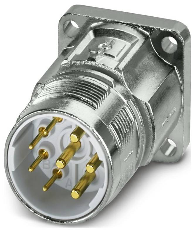 Un connecteur circulaire métallique avec cinq broches dorées, conçu pour montage sur panneau.