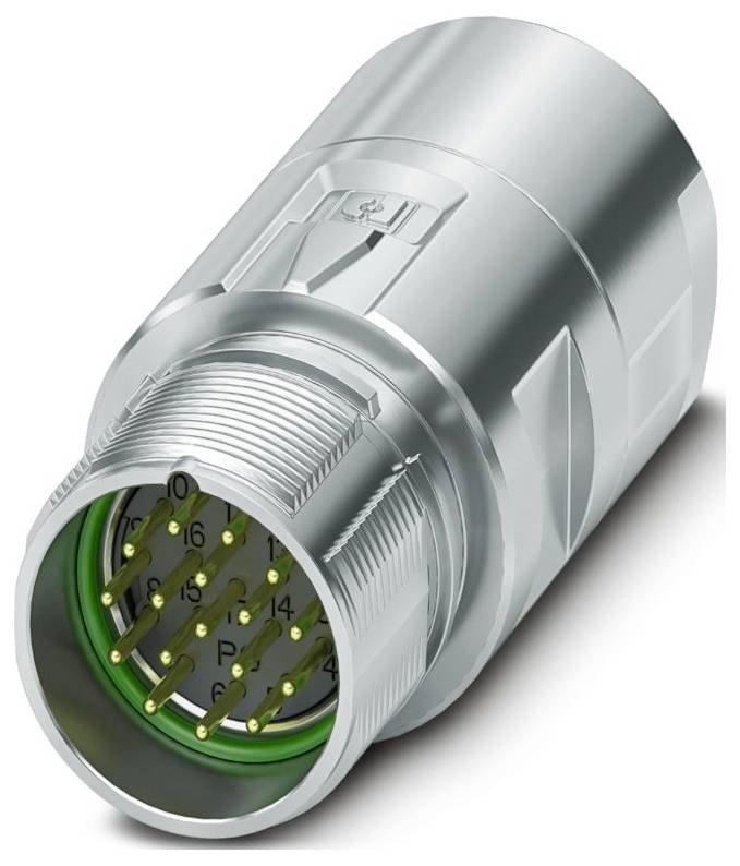 Un gros plan d'un connecteur industriel en métal avec plusieurs broches et une conception filetée, utilisé pour connecter des composants électriques.