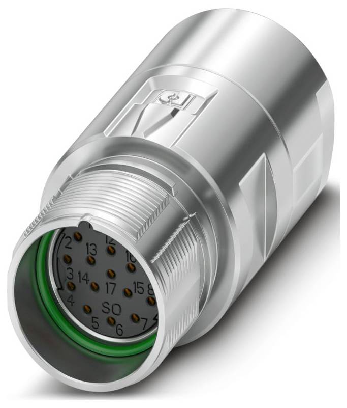 Un gros plan d'un connecteur industriel métallique avec numérotation visible et broches, utilisé pour joindre les circuits électriques.