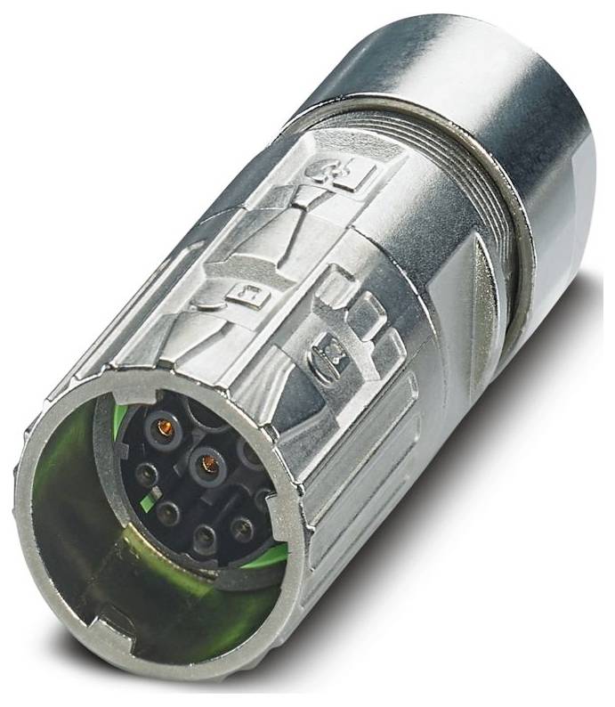 Un connecteur électrique circulaire chromé avec six broches visibles et un corps cylindrique, conçu pour des connexions de câbles sécurisées.