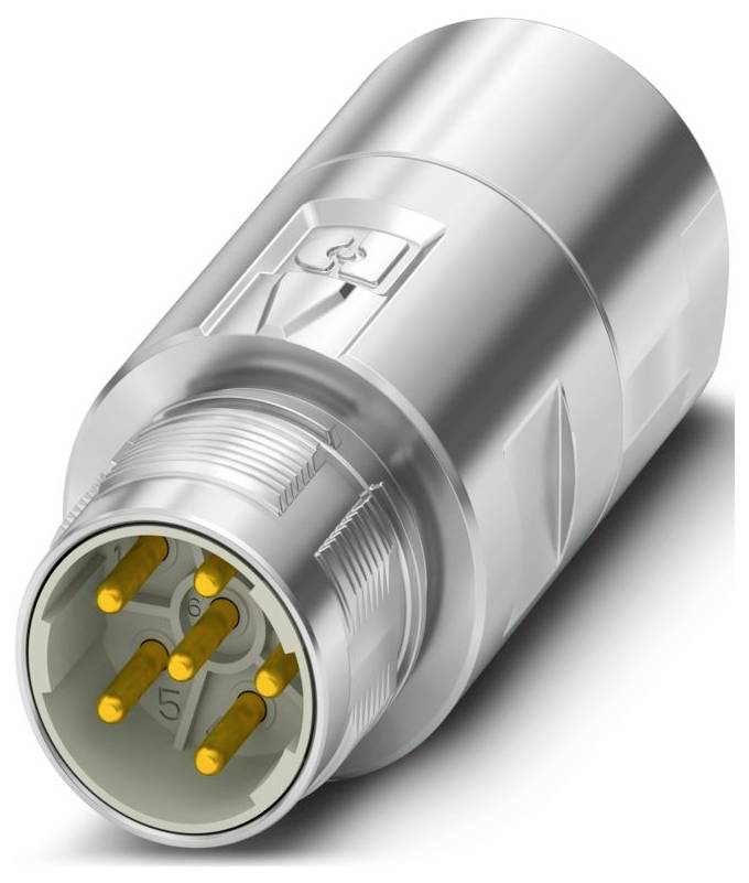 Une fiche électrique cylindrique métallique avec cinq broches dorées et un symbole de recyclage sur le dessus, utilisée pour les connexions électriques industrielles.