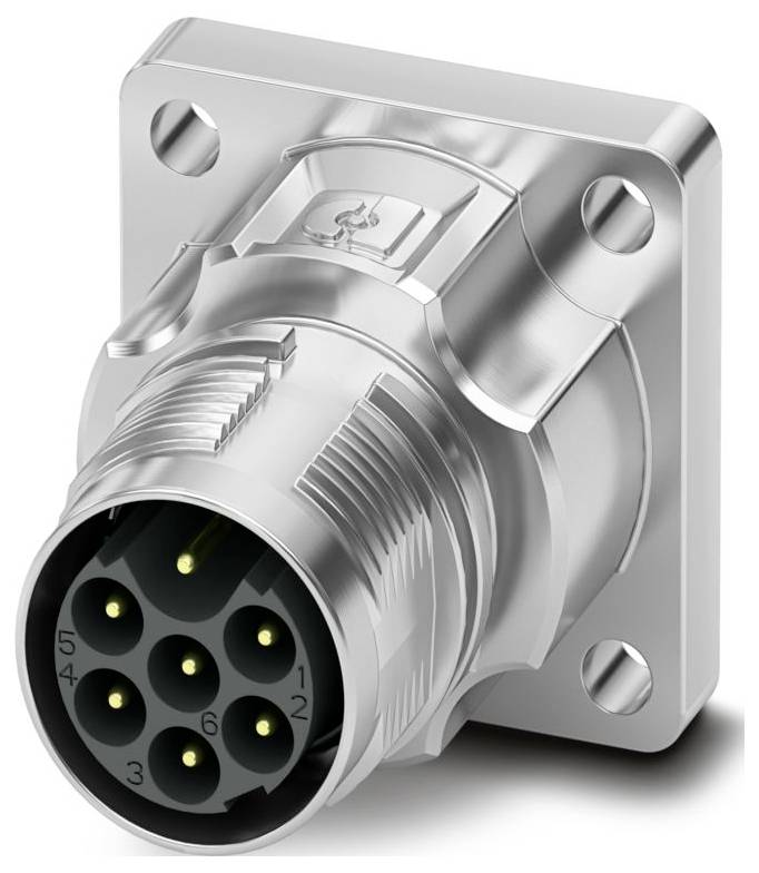 Un connecteur circulaire métallique avec sept broches, monté sur une base carrée avec quatre trous de vis, utilisé pour les connexions électriques.