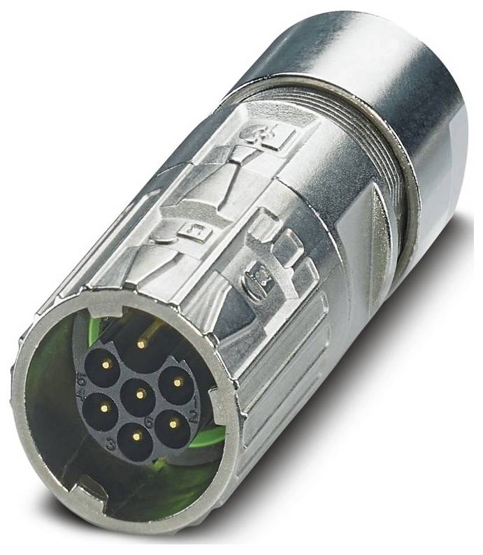 A close-up of a silver, metallic circular connector with multiple pins, used for secure electrical connections in industrial settings.