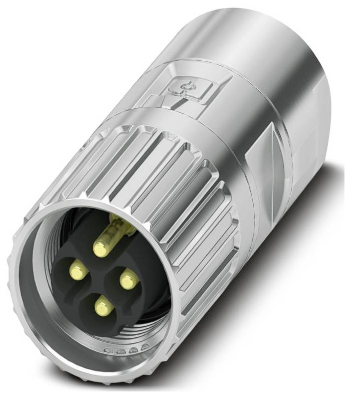 Un connecteur métallique cylindrique avec trois broches dorées à l'intérieur, utilisé pour les connexions électriques. Le connecteur présente un design de prise à nervures.