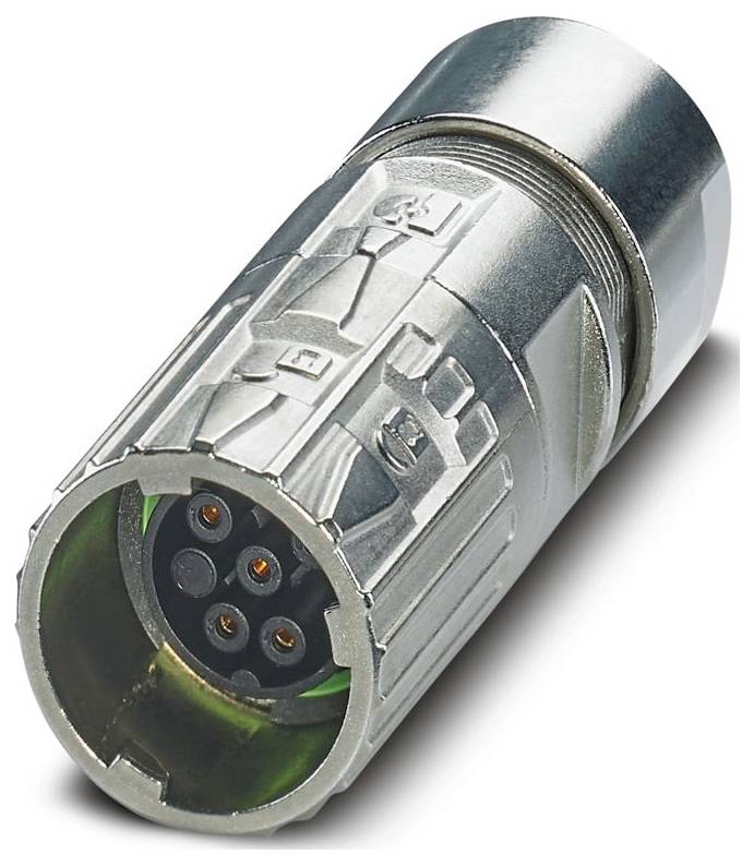 Un connecteur industriel circulaire brillant en métal avec six broches à l'intérieur, utilisé pour les connexions d'équipements électroniques ou industriels.