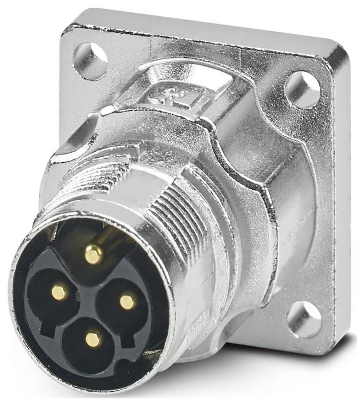 Un connecteur électrique trois broches en métal monté sur une plaque carrée, généralement utilisé à des fins audio ou industrielles.