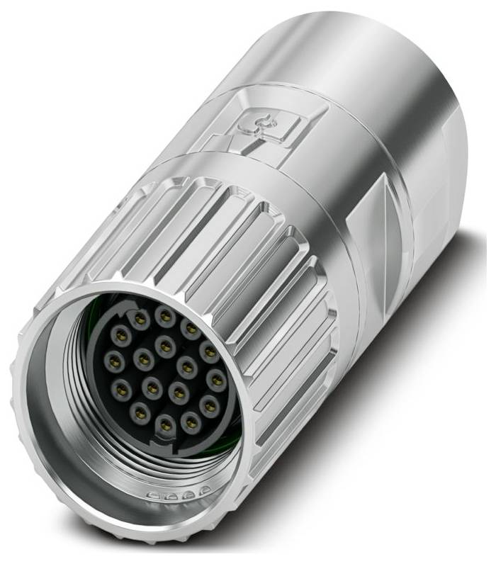 Un connecteur électrique métallique cylindrique avec plusieurs orifices de broches visibles à une extrémité, conçu pour une connectivité précise.