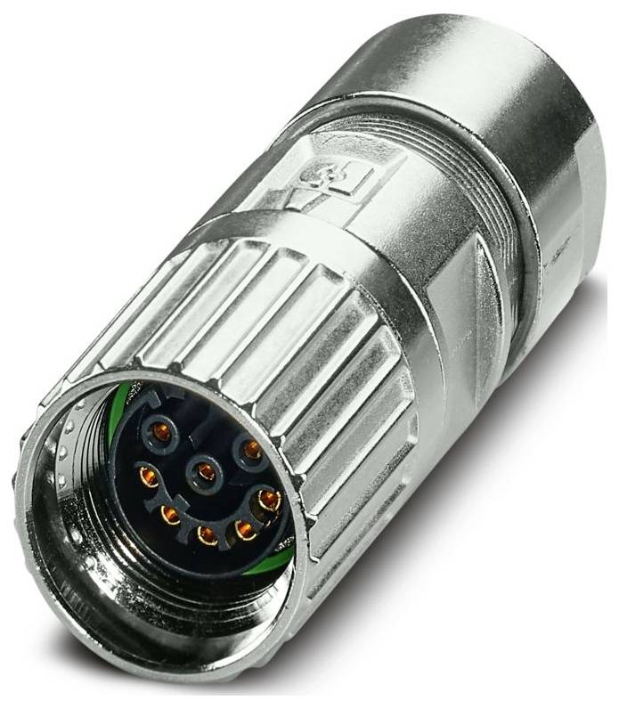 Un connecteur cylindrique en métal avec six broches dorées et une bague verte, conçu pour des connexions électriques sécurisées dans divers appareils.