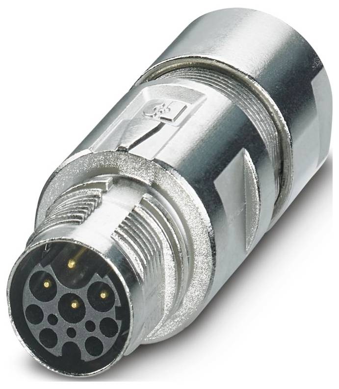 Un connecteur métallique cylindrique en argent avec huit broches visibles, utilisé pour les appareils électroniques.