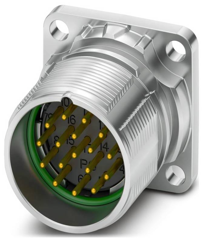 Un câble circulaire vert et noir avec des connecteurs métalliques à chaque extrémité, ayant quatre broches d'un côté et quatre prises de l'autre.