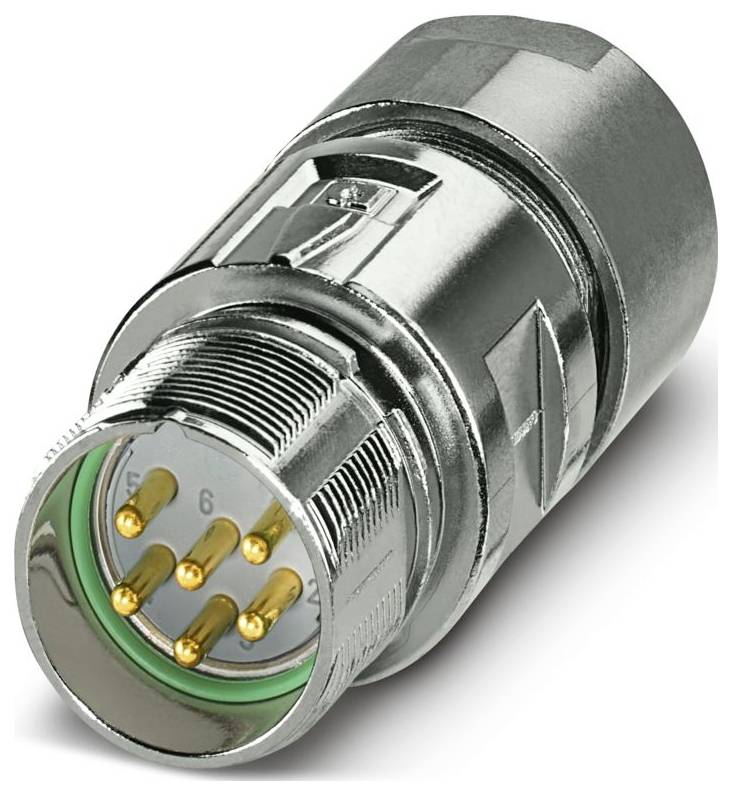Ein metallischer, zylindrischer Stecker mit mehreren orange-spitzigen Stiften wird gezeigt, der für industrielle oder elektronische Anwendungen konzipiert ist.