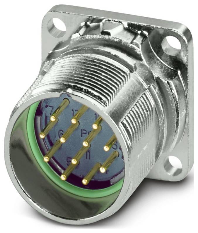 Connecteur circulaire métallique avec broches dorées multiples, monté sur une base carrée avec quatre trous de vis.