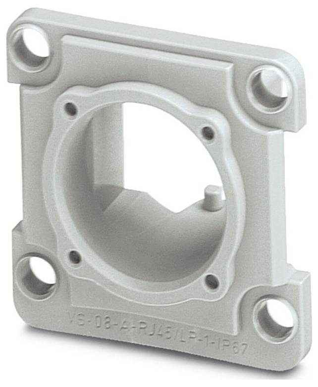 Un panneau de montage en plastique gris avec une ouverture circulaire, quatre trous d'angle et du texte en relief 'VG-08-ARJ45-LP-1-IP67'.