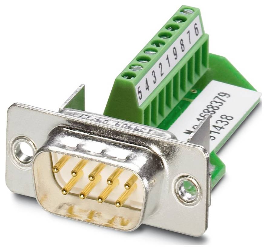Un connecteur DB9 avec un bloc de bornes vert est présenté. Le bloc de bornes est étiqueté avec les chiffres 9 à 3 et les lettres P9.