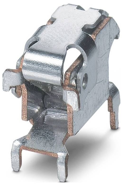 A metallic electrical connector with a shiny finish, featuring a clip design suitable for secure connections in electronic components.