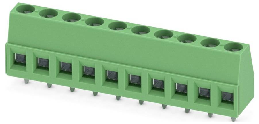 A green 10-pin terminal block with screw connections, used in electronic circuits for securing and connecting wire leads.