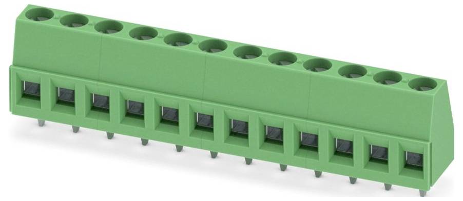 A green terminal block with ten connection points, used for electrical wiring, shown from a side angle.