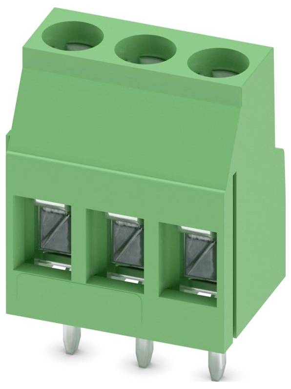 A green, three-port electrical connector with pins for circuit board mounting, often used in electronic projects for secure wire connections.