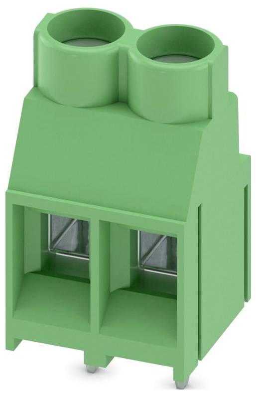 A green electronic component with two circular openings on top, designed for connecting wires or cables, featuring two metal connectors.