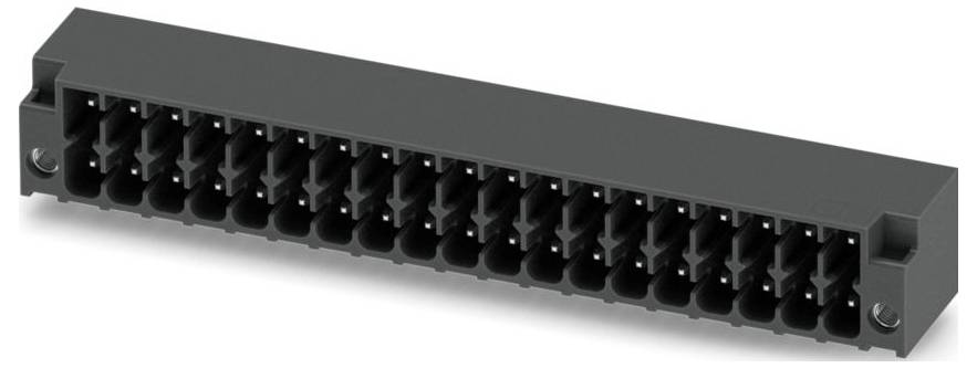 Black rectangular electrical connector with multiple slots aligned in two rows for plug insertion.