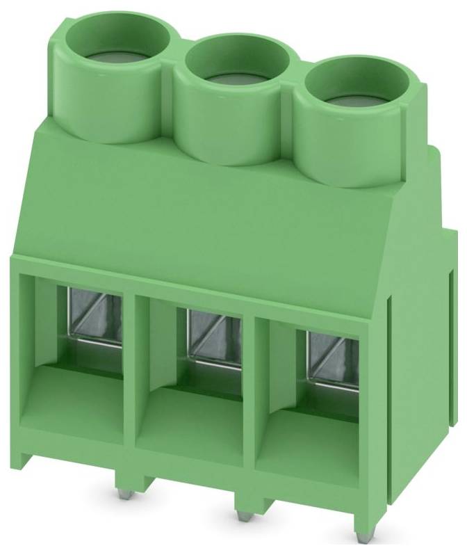 A green three-pin terminal block connector with three cylindrical openings on top, often used in electronic circuit connections.