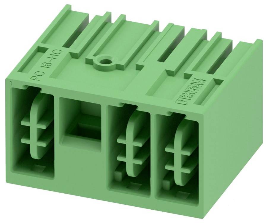 A green electrical terminal block with three connection slots, used for securely connecting electrical wires in technical installations.