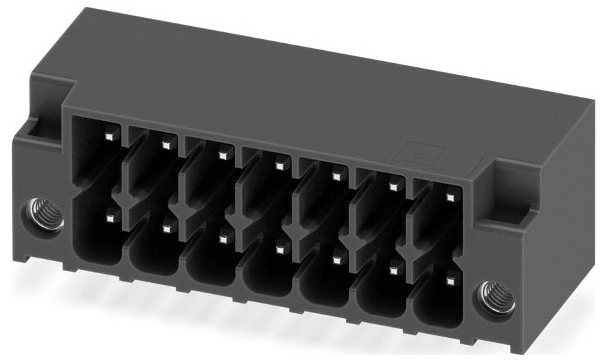 A black, rectangular electrical connector with eight pin slots and two screw mounts, used for secure electrical connections in devices.