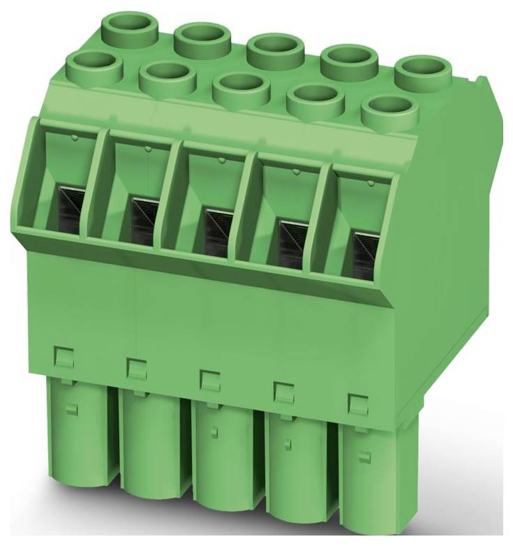 A green electrical terminal block with five horizontal slots, designed for wire connections, each with a corresponding input slot below.